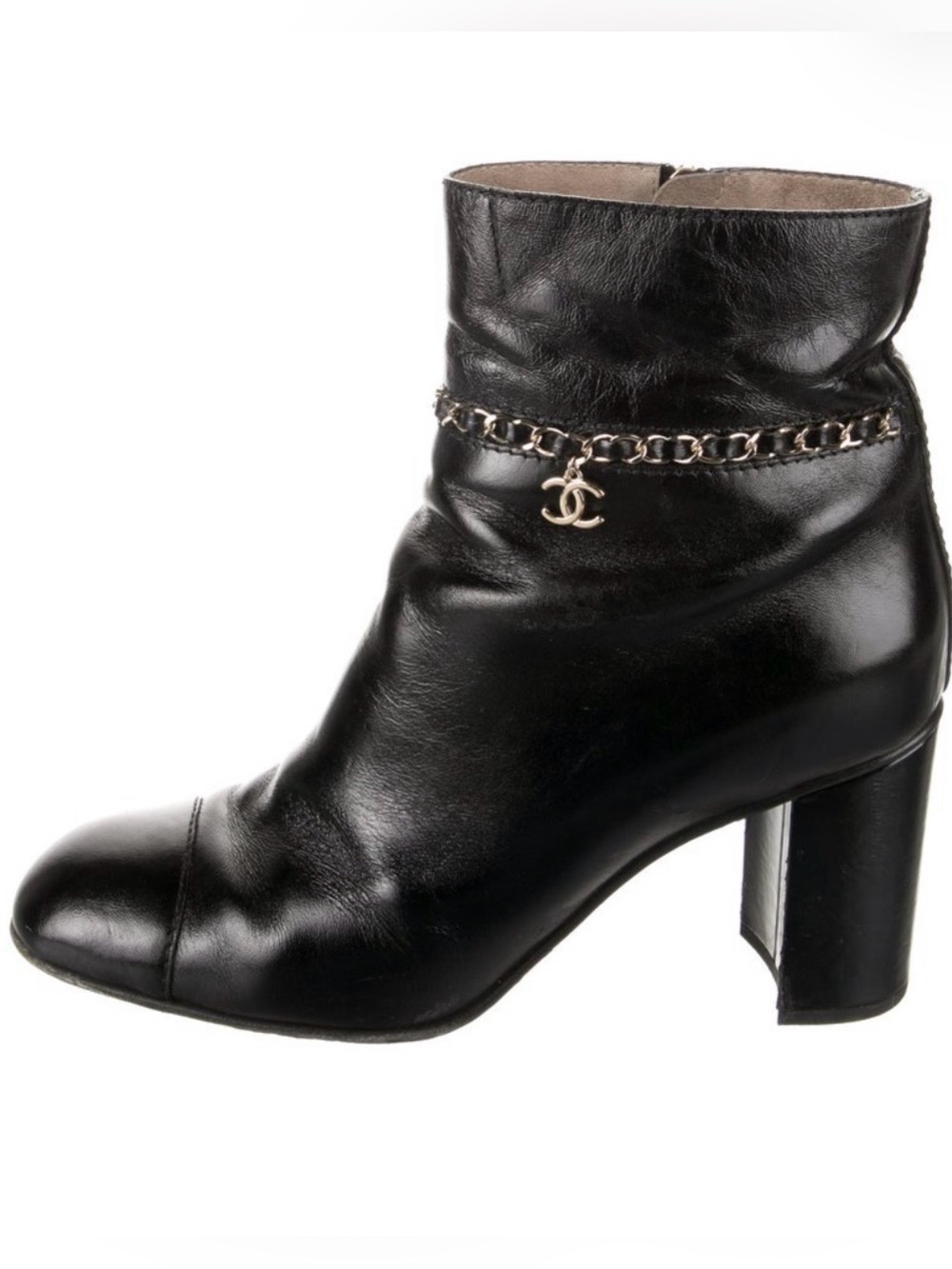 CHANEL Black Leather Chain-Trim Ankle Boots with CC Charm